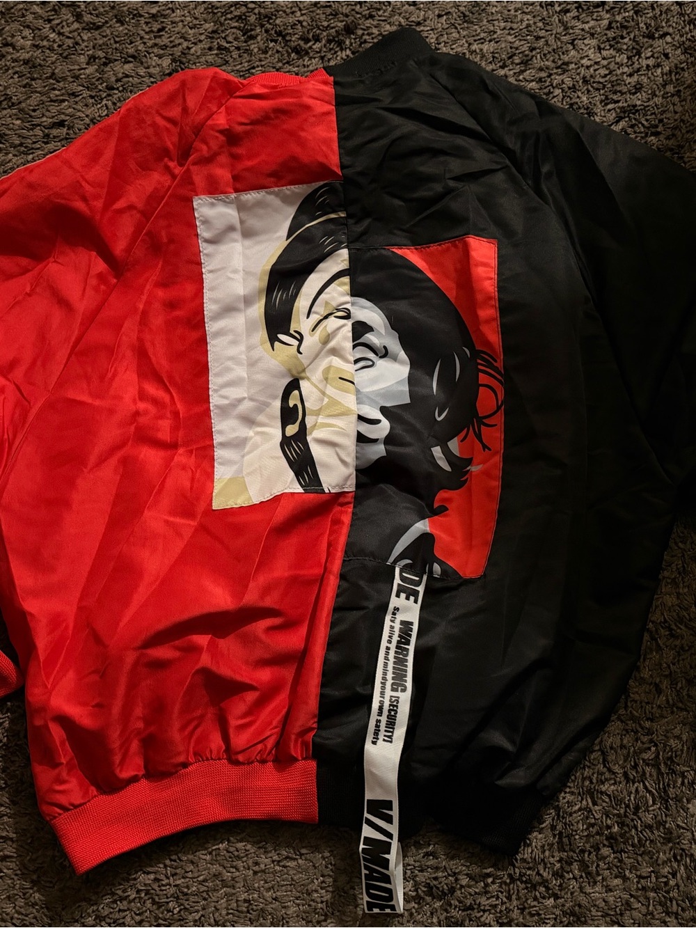 Red & Black Graphic Streetwear Bomber Jacket with Bold Panel